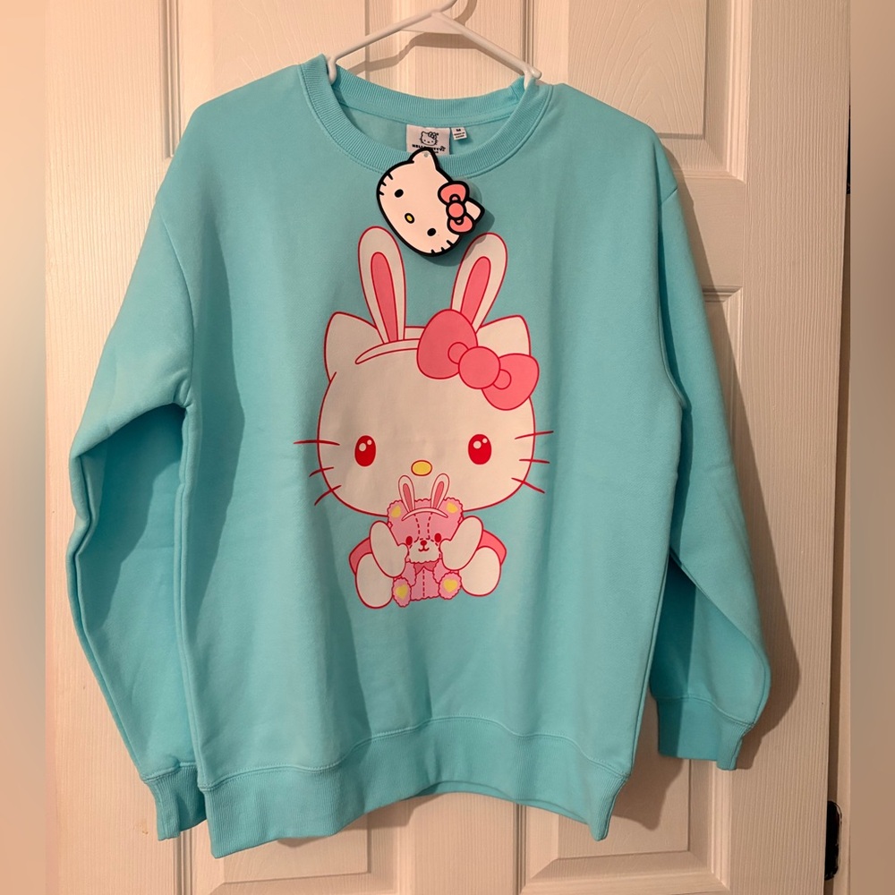 Hello Kitty with bunny ears and stuffed teddy bear Teal Blue Sweatshirt M